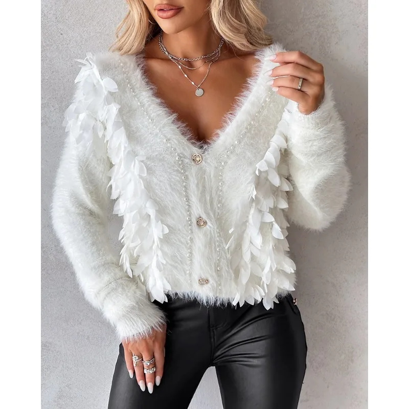 2023 Autumn Winter New Sweater Top Women's Beaded Single-Breasted Plush Sweater Women Long Sleeve V-neck Pullover Loose Sweater