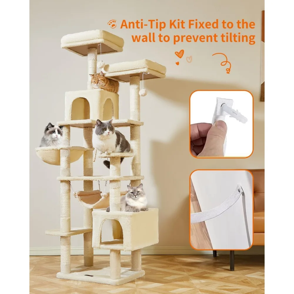 Plush Multi-Level Cat Tree Tower for Indoor, with Scratching Posts, Perches, Basket, Caves, Hammock, Cat Scratching Post