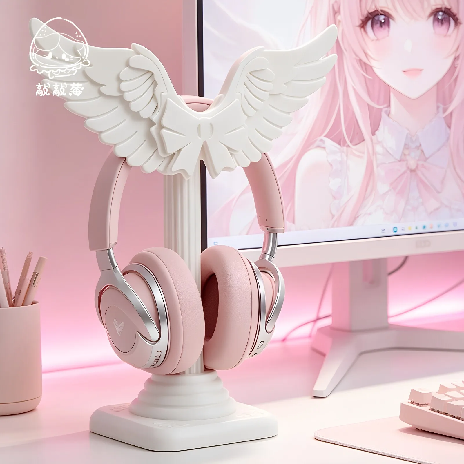 Cute Angel Wing Headset Holder 3d Print Roman Pillar Headphone Stand Silk White Universal Over-ear Headphone Desktop Ornament