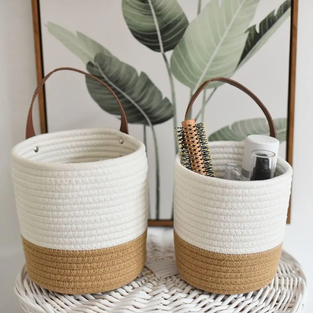 

Natural Woven Jute Cotton Flower Basket Wall Hanging Cotton Rope Hand Woven Hanging Baskets with Handle Wicker Plant Flower Pot