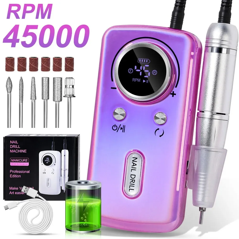 

45000RPM Rechargeable Electric Nail Drill, Nail Drill Machine - Professional Portable Nail File for Salon Gel Nails Manicure Kit