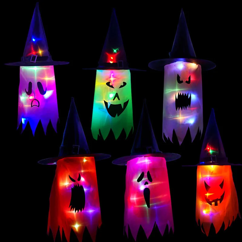 Lámpara LED de calabaza para decoración de Halloween, luz intermitente de Gypsophila, Festival de fantasmas, vestido brillante, sombrero fantasma, linterna colgante