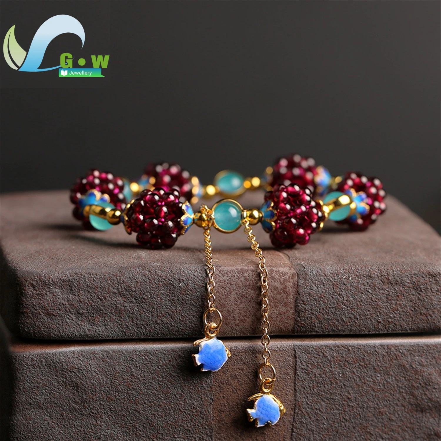 

Natural Garnet Beaded Ball Bracelet Women Bohemian Braided Cord Adjustable Handmade Jewelry Gift for Her Birthday Party Couple
