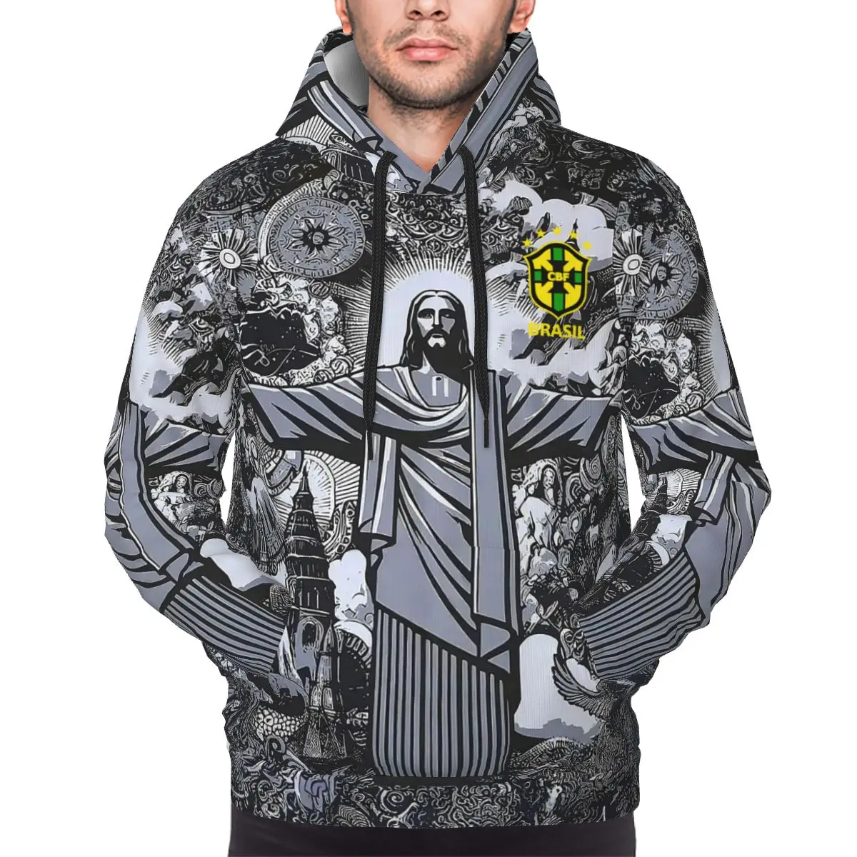 Männer Brasilien Sonderausgabe Jesus schwarz grau Fußball Trikot Hoodie Brasilien Erlöser Jesus Fußball Sweatshirts Langarm hemden