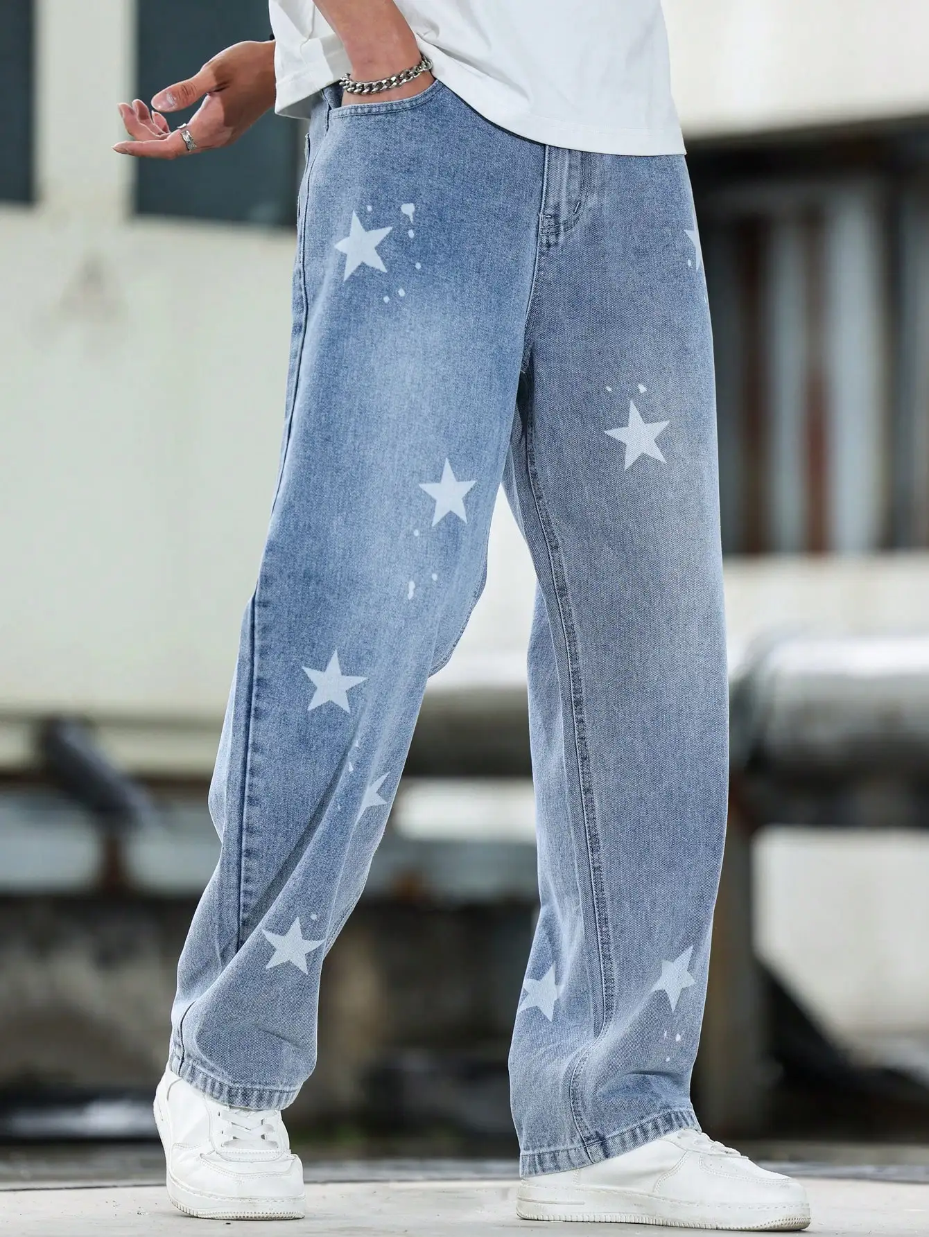 Men's Vintage Star Splash-Print Light Blue Washed Loose Wide‑Leg Jeans, Y2K Hip‑Hop Street‑Style Casual Unisex Long Pants