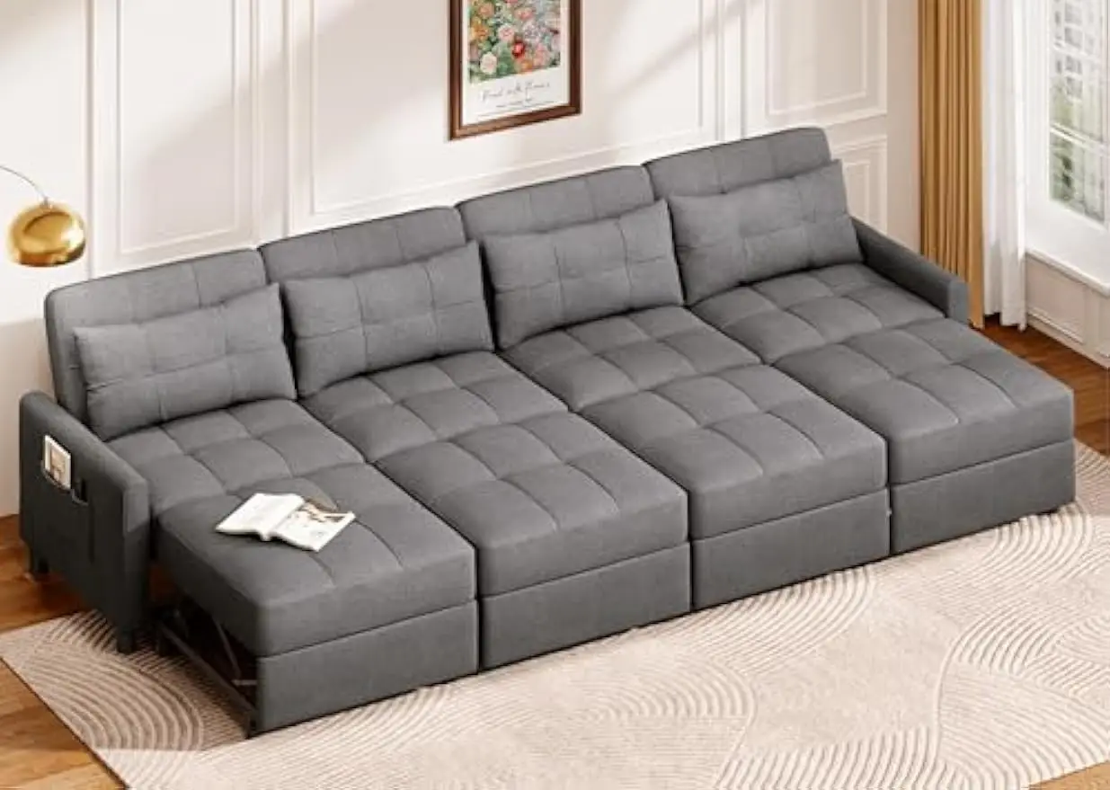 

4 Seater Sectional Sleeper Sofa, Convertible Sofa Bed with Adjustable Backrest and Spring Support, for Living Room, Dark Grey