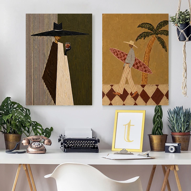 Retro Cowboy Hat Woman Surfer Wall Art Poster Modern Western Oil Canvas Print Wall Decor for Bar Living Room Home Decoration