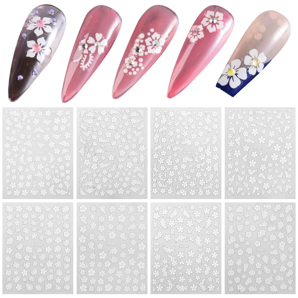 Adhesivo para manicura, pegatina para uñas DIY, diseño de flor de cinco pétalos blanco 3D