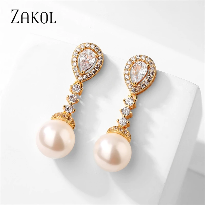ZAKOL Eleganckie Okrągłe Imitacja Perła Kolczyki dla Kobiet Koreańska Moda Water Drop CZ Kolczyki Ślubne Biżuteria Ślubna