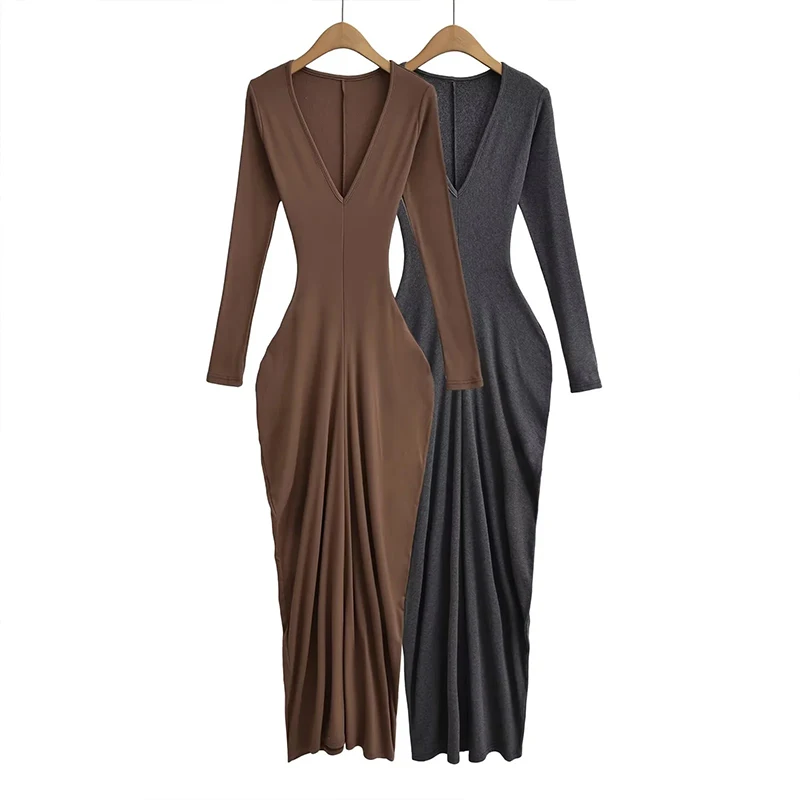 

OMSJ Ladies Elegant Solid Draped Dress For Women Autumn Winter X-shape Long-sleeved V-neck Casual Wrap Hips High Stretch Dresses