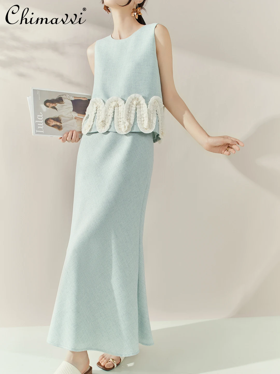 

French Style Elegant Casual Round Neck Sleeveless Ruffles Patchwork Beaded Tops High Waist Slim Long Skirts Two-Piece Set Women