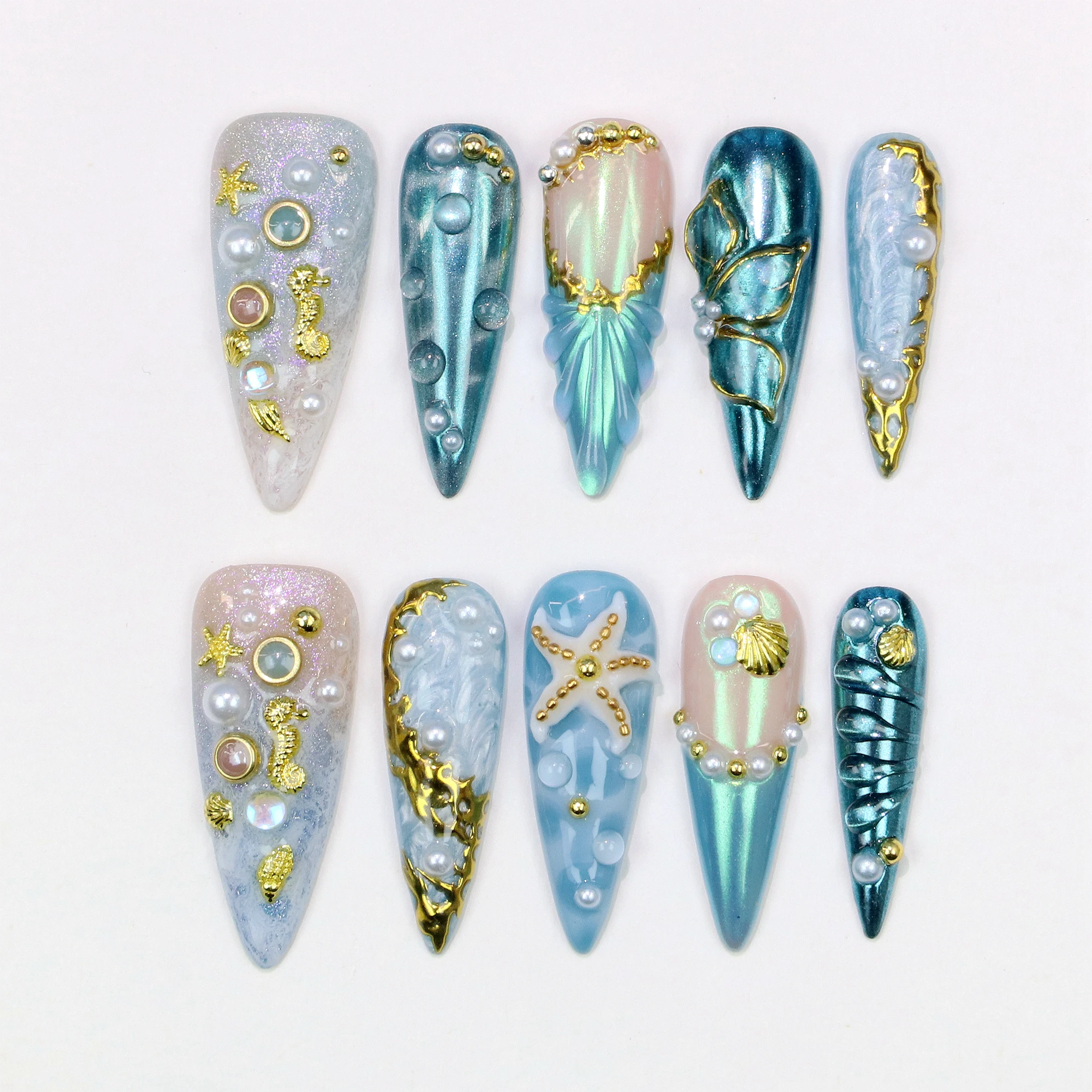 10 قطعة ثلاثية الأبعاد موضوع المحيط الطبيعي طويل خنجر اضغط على الأظافر ، الصيف مع نجم البحر زهرة الشاطئ محارة مخصصة اليدوية وهمية مسمار الفن