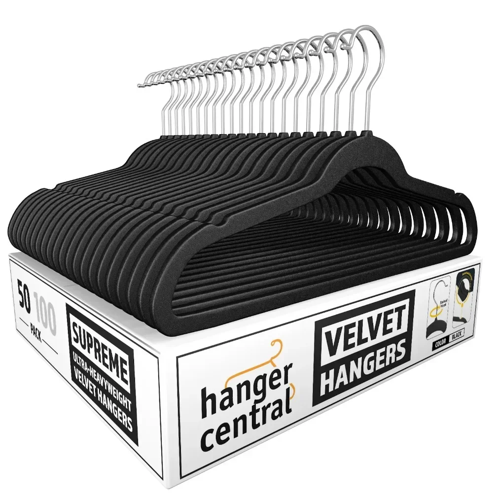 Hanger Central Velvet Heavy Weight Clothing Hanger, 50 Pack, Black