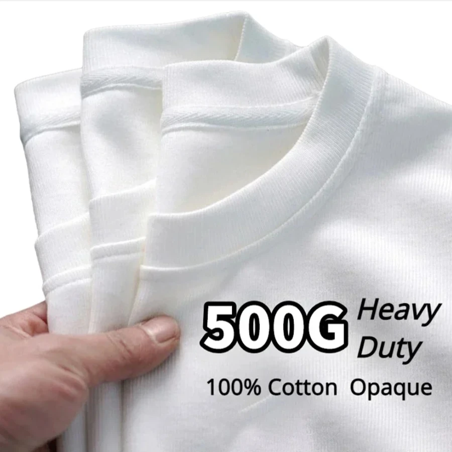 Black White GSM 500g Heavy-duty Pure Cotton T-shirt Thickened Threaded Round Neck Short Sleeves Three Needle Half Sleeve Tees