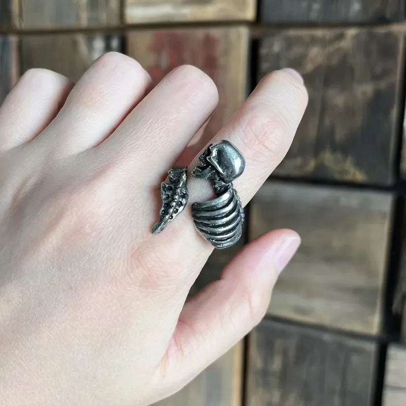 Gothic Resurrect Skull Open Ring for Men Women, Antiqued Vintage Silver‑Tone Skeleton Band, Retro Punk Adjustable Statement