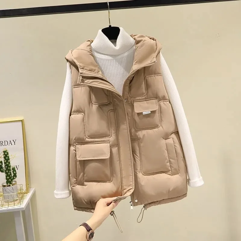 2024 Autumn Winter Vest Women Thick Warm Down Vest Loose Jacket Casual Hooded Outerwear Short Waistcoat Windproof Vest Coats