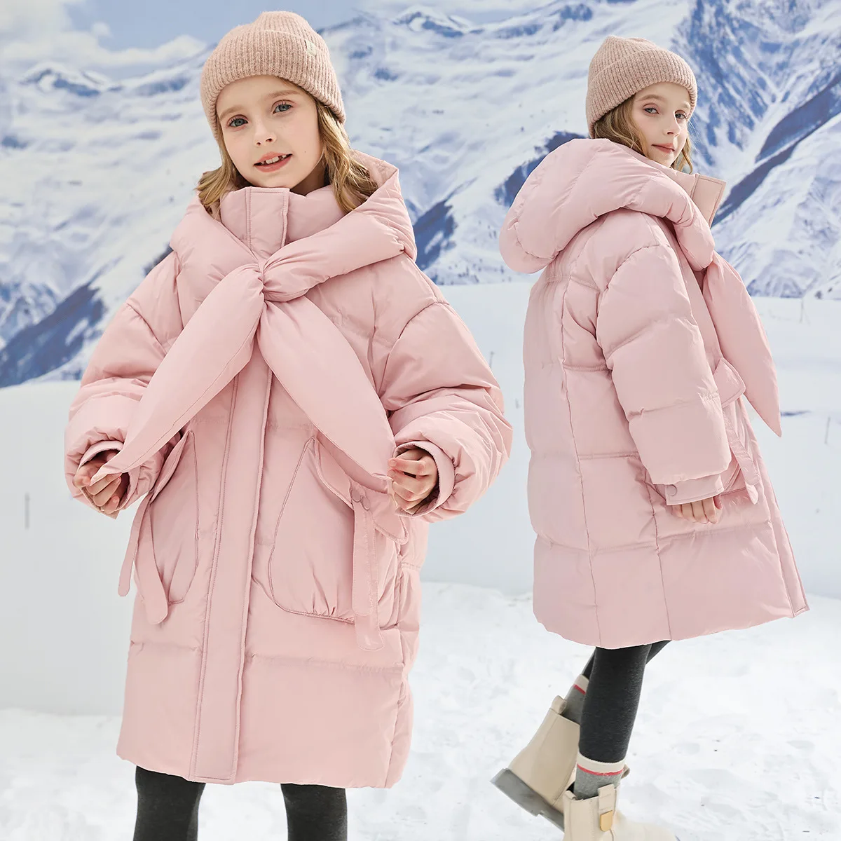 

Teenage Girls' Winter New Pink Scarf Hooded with Thick Fleece Windproof and Warm Fashion Long Cotton Jacket for 4-12 Years