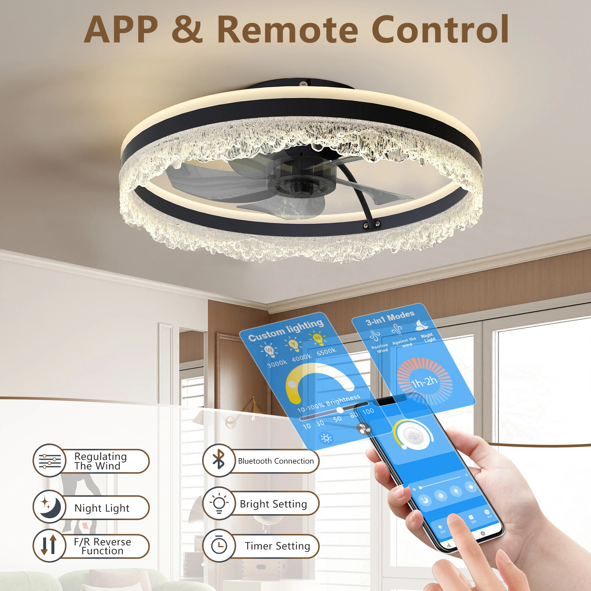 Modern LED Ceiling Fan Light with Crystal Ring, Remote and APP Control, Dimmable Silent Fan Lamp for Bedroom Living Room