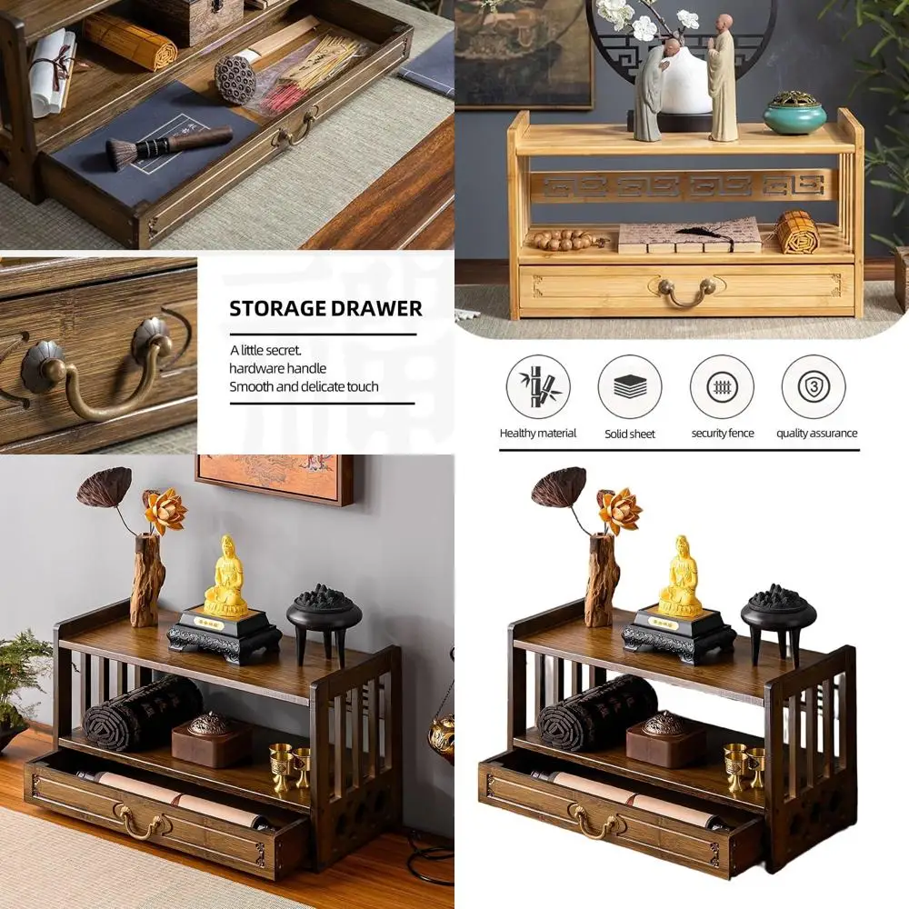 Bamboo 2-Tier Meditation Table with Drawers, Floor Altar Coffee Table for Japanese Tatami Seating