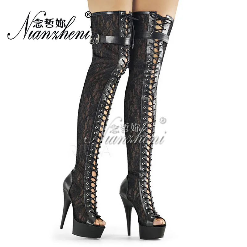 

15cm Sexy Fetish Lace Peep Toe Platform Over The Knee Boots 6Inch Strip High Heels Pole Dance Gothic Gladiator Exotic Crossdress
