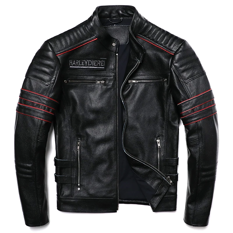 Black Spring Leather Jacket Men Punk Style Plus Size 6XL Genuine Natural Cowhide Slim Fit Skulls Embroidery Leather Coat