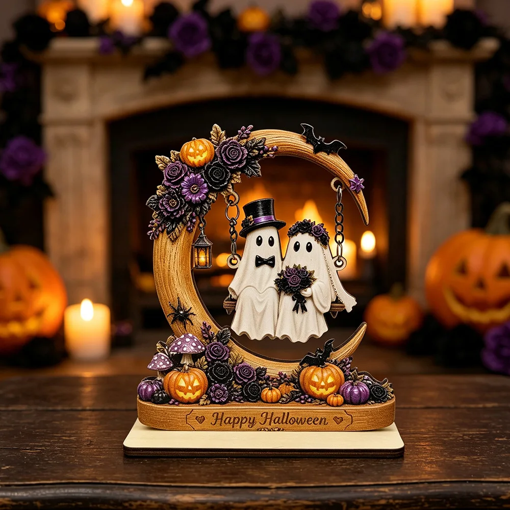 Wooden Ornament, Ghost Swing Figurine Reading on Moon, Atmosphere Decor for Bookshelf, Bookcase & Library