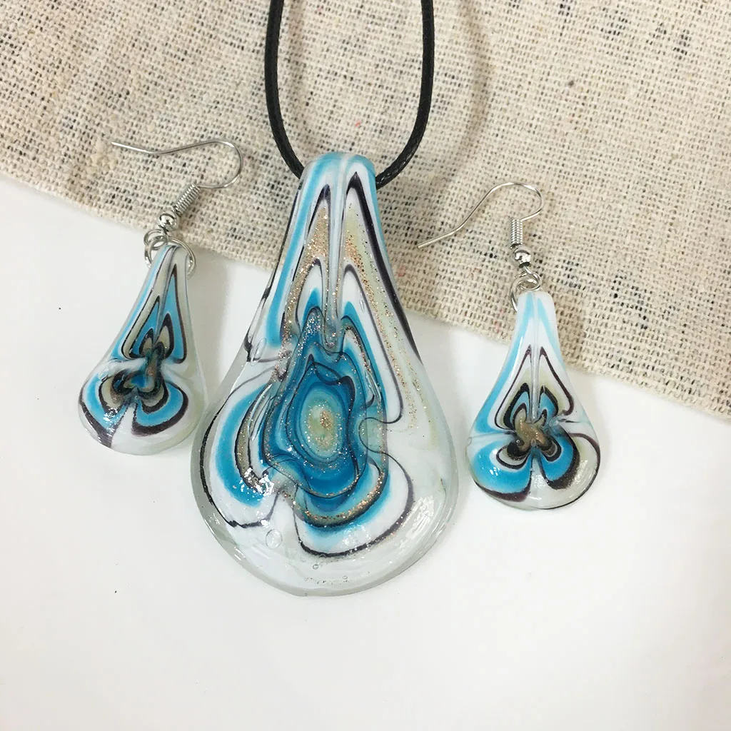 Black Leaf Colored Glaze Necklace Earrings Set For Women Glass Bead Pendant Jewelry For Party Gift