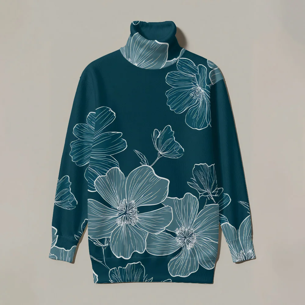 

Элегантная черная водолазка с цветочным принтом, свитер с глянцевым узором в виде листьев, свободный крой, топ с высоким воротником и длинными рукавами, уличная одежда большого размера