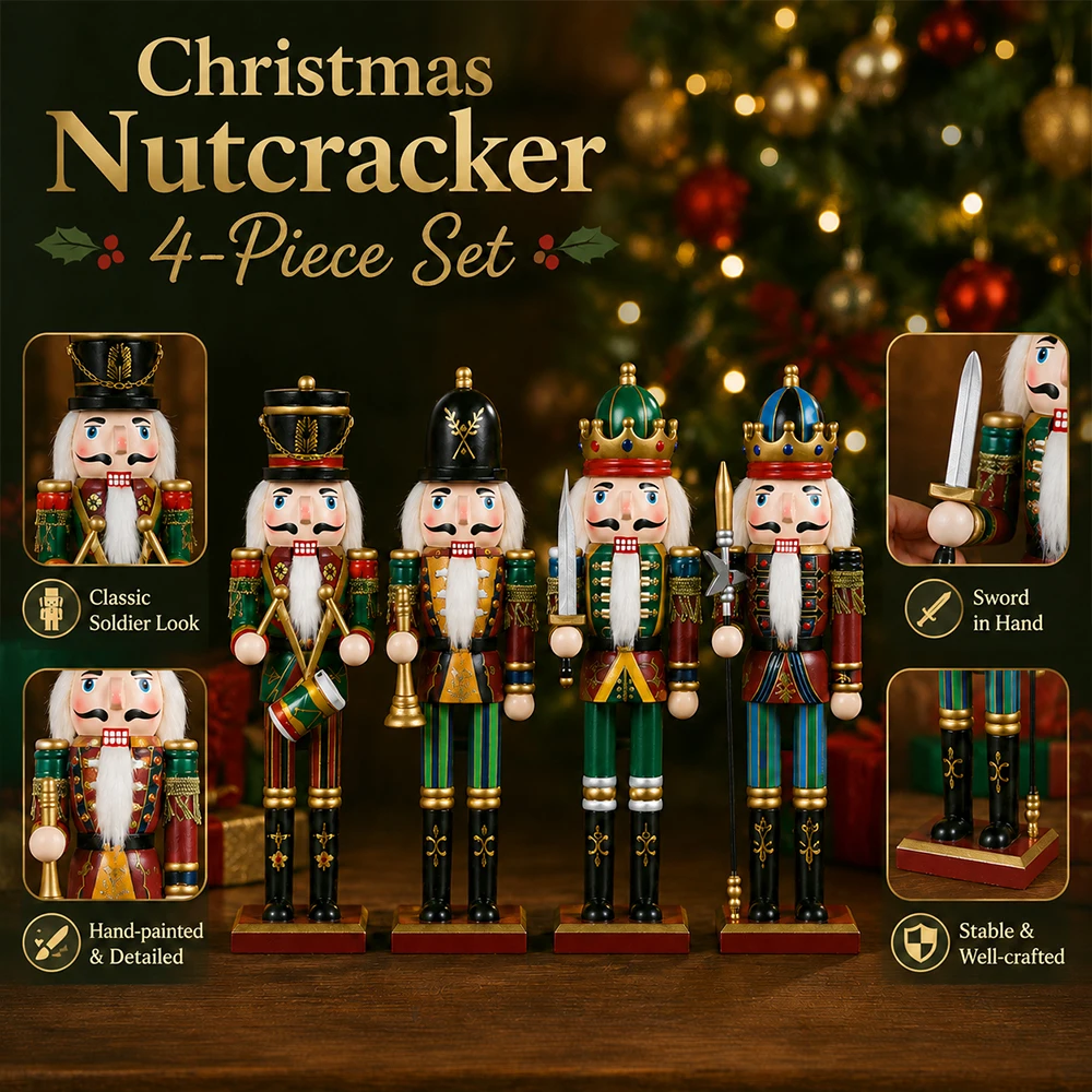 4PCS 30CM Christmas Nutcracker Wooden Nutcracker Ornament Soldier Figure Handcraft Doll Toy Home Office Desktop Decoration Gift