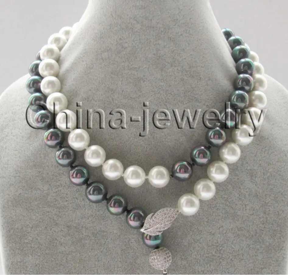 

Jewelry A 32" 12mm bright black + white perfect round south sea shell pearl necklace