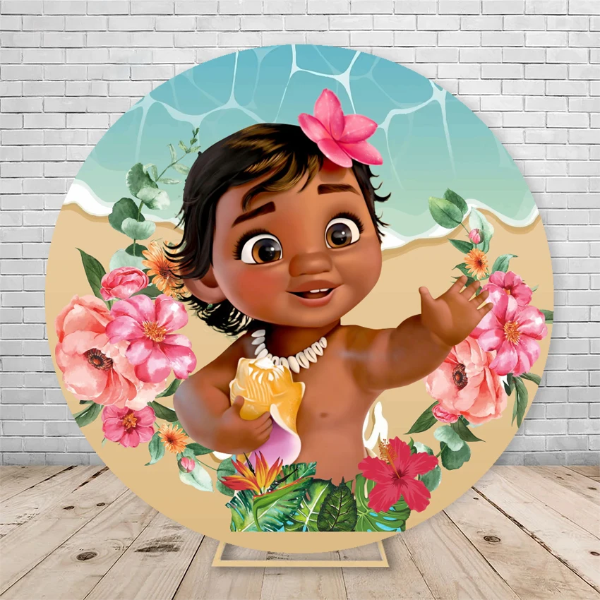 Round Backdrop Cover Moana Princess for Birthday Party Baby Shower Background Wall Vaiana Decorations Photo Booth Props