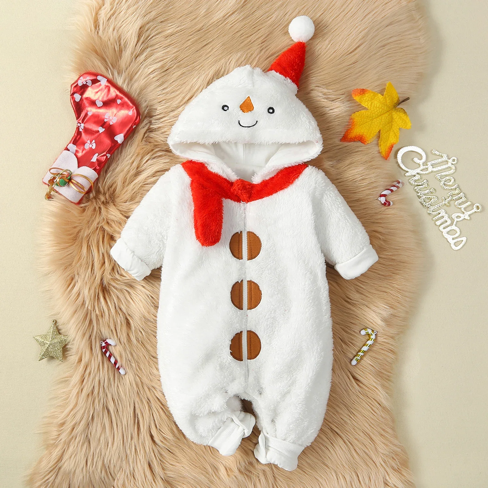 Winter Baby Warm Plush Jumpsuit Long Sleeve Hooded Zipper Closure Winter Christmas Romper Snowman Costume for Boys Girls