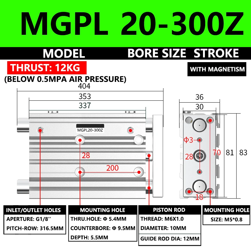 ABILKEEN MGPL20-300Z MGPL Pneumatic Compact Guide Cylinder 20MM Bore X 300MM Stroke Three Axis Three Rod Thin Air Cylinder