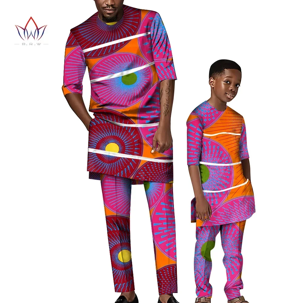 BintaRealWax African Print Family Matching Clothes Sets Dad and Son Dashiki Shirt Tops and Long Pants Outfits Customize WYQ873