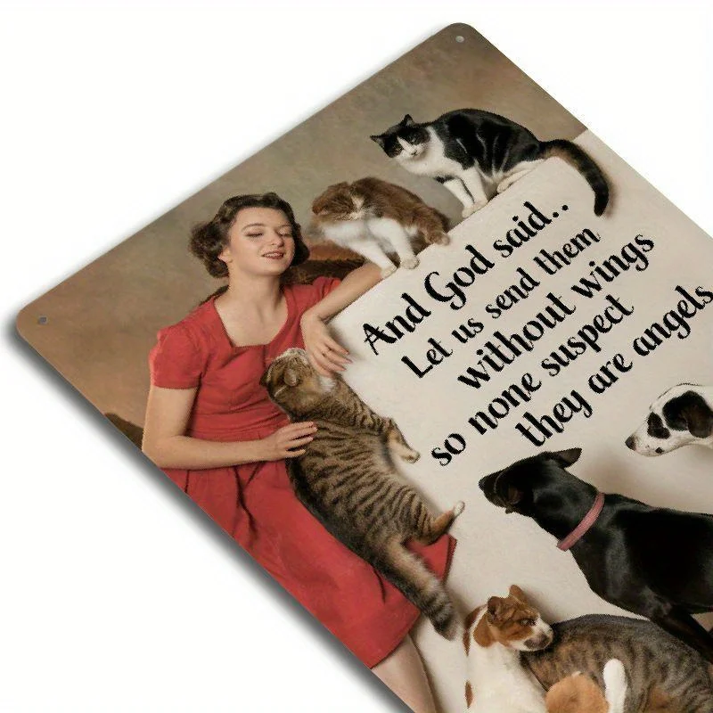 One Retro Iron Garden Sign 8X12 Inches Country Style Design A Woman In A Red Dress Surrounded By A Group Of Cats