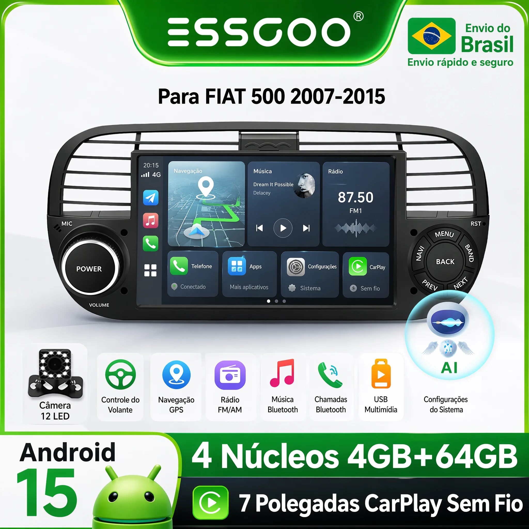 ESSGOO Rádio Android 15 Fiat 500 com Carplay GPS