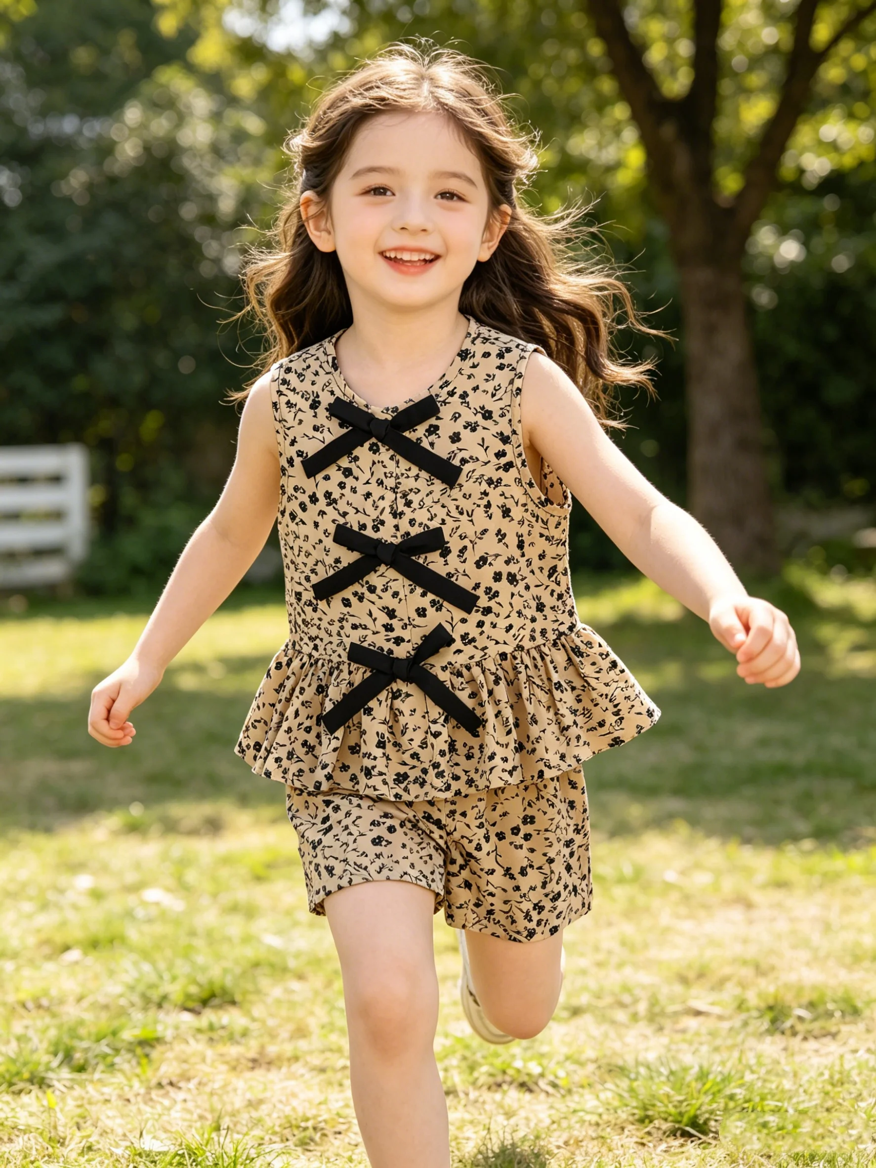 Girls Summer Khaki Bottom Black Floral Print Sleeveless Butterfly Knot Two-Piece Set Children's Clothing Outfit