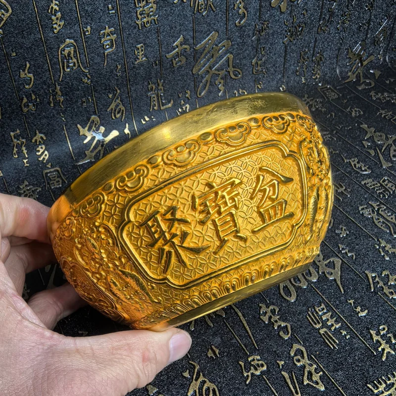 Antique Gold-Plated Qing Dynasty Treasure Bowl Relief Copper Bowl Home Decor Craft Miscellaneous Items
