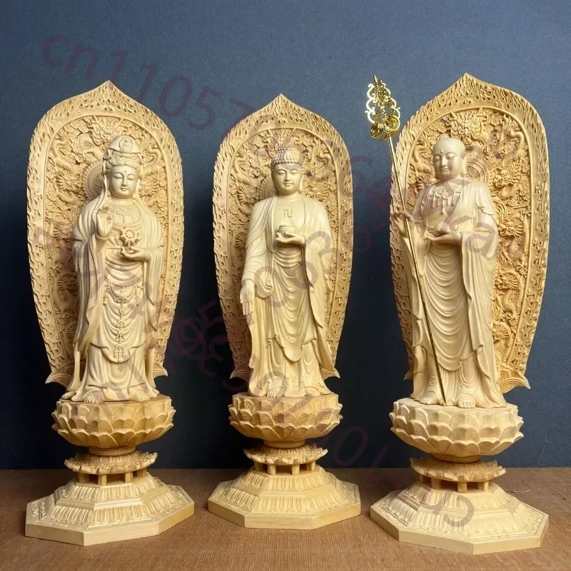 Hand Carved Hinoki Wood Saha Three Saints Set (3pcs) Statue - Shakyamuni Guanyin Ksitigarbha Ornament Home Temple Altar Decor