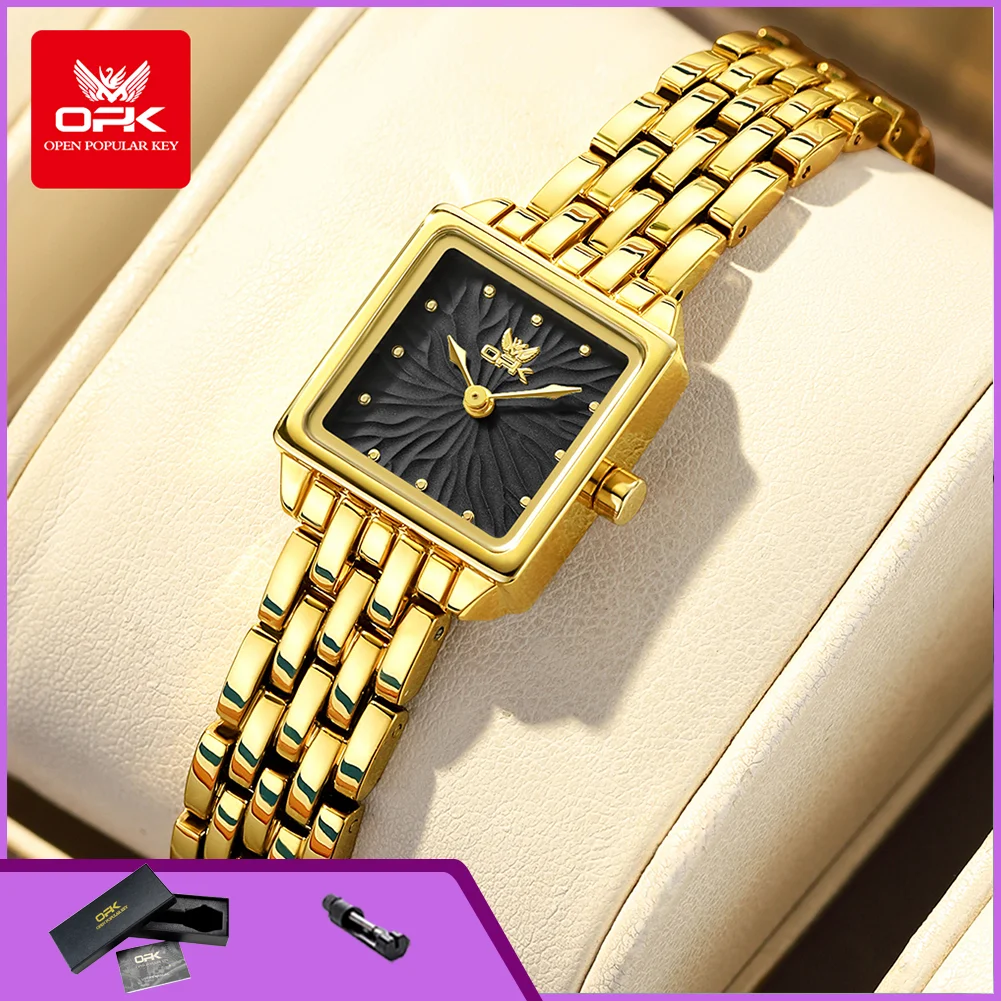 OPK 6070 Gold Quartz Women's Luxury Watch Waterproof Square Steel Strap Female Watches Fashion Simple Ladies Wristwatch