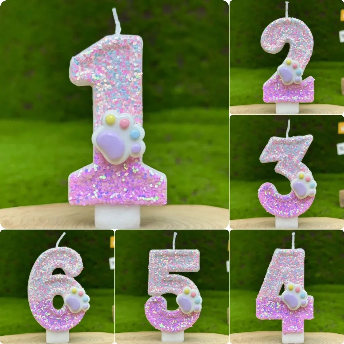 3D Number Candles Cake Decorating Glitter Pink Claw Theme Number Candles paws Cake Topper Birthday Party Cake Decoration