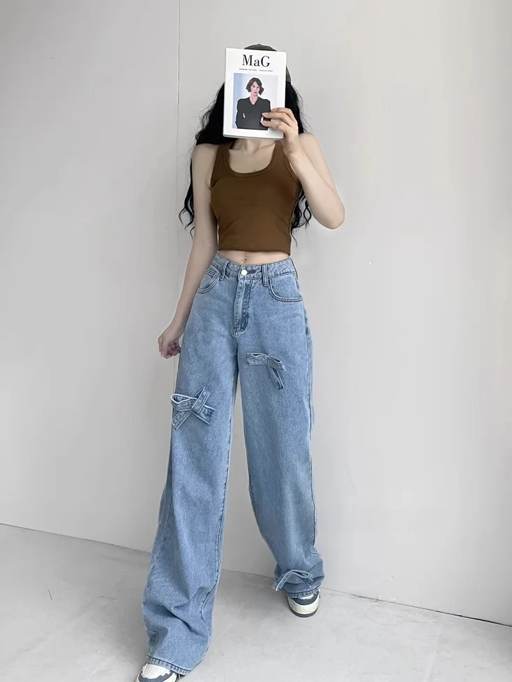 Koreaanse Sle Knot Vintage Distred Wijde Pijpen Jeans Dames Zoete Pittige Afslankende Lange Broek Herfst 2024