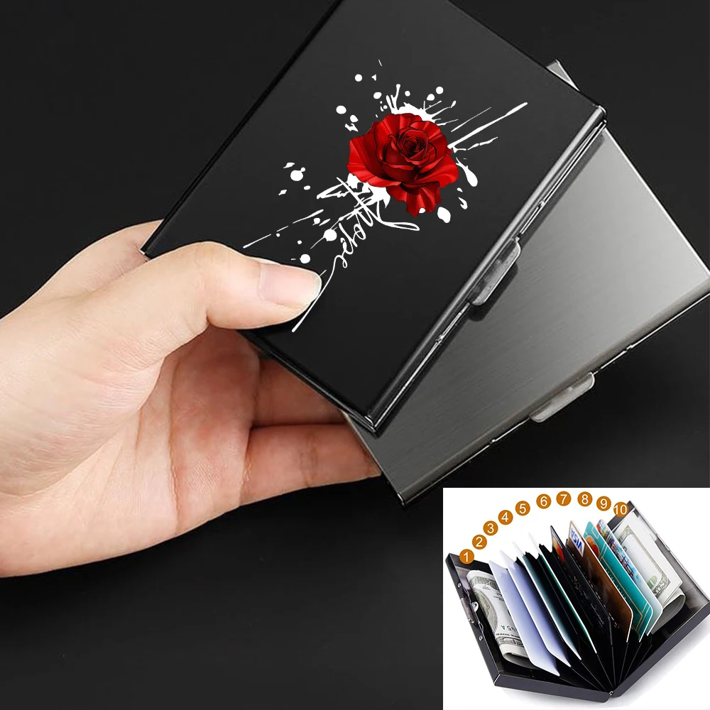 Loving Red Rose Anti-Scan RFID 10 Cards Aluminum Metal Credit Card Holder Blocking Wallet Case Business Card Protection Hold