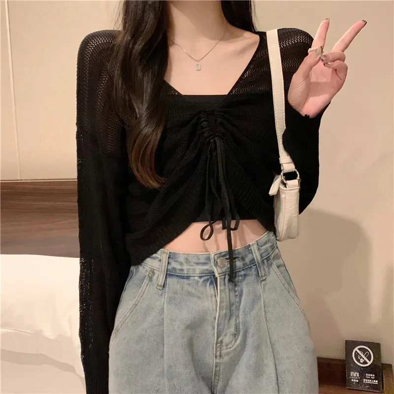 Gidyq Pink Hollow Out Cardigan Women Sweet Kawaii Slim Ladies Shirt Solid All Match Drawstring V Neck Female Top Summer New