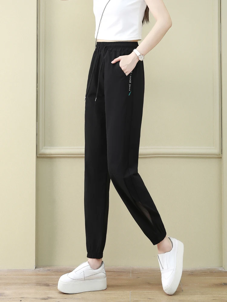 

Женские летние тонкие повседневные брюки-шаровары из ледяного шелка свободного кроя с завязками, быстросохнущие, прямые, с высокой талией, для повседневной носки