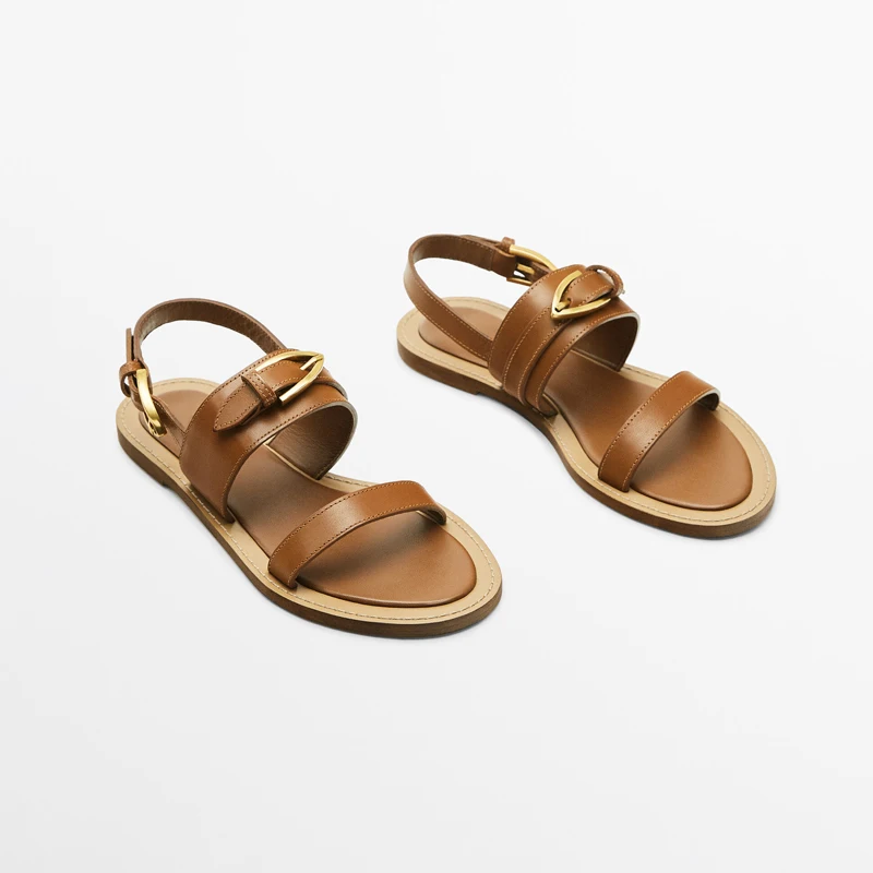 

2024 Summer Women Flat Sandals Made Of Genuine Leather Retro Brown Sandal Buckle Open Toe Casual Sandalias Femininas Ladies Shoe