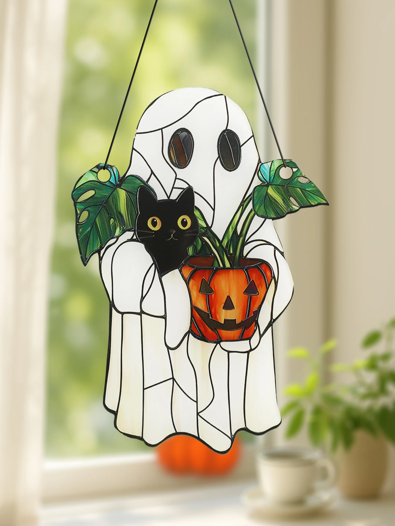 White Halloween Ghost Window Hanging Acrylic Black Cat & Pumpkin Shaped Plant Pot Room Pendant for Home & Garden Wall Decor Gift