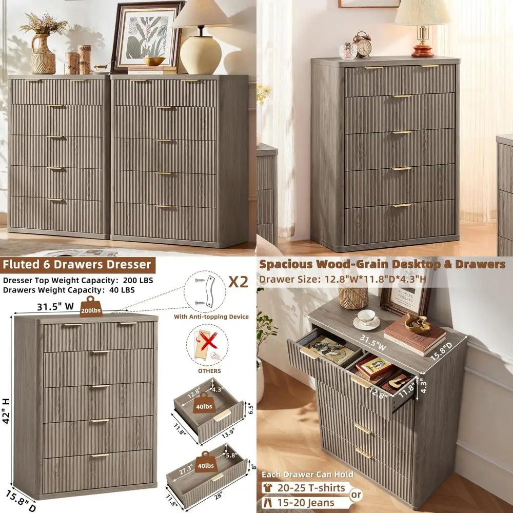 

Современный комод с 6 ящиками для спальни, высота 42 дюйма, рифленый дизайн с металлическими ручками, изогнутый профиль, современный комод D