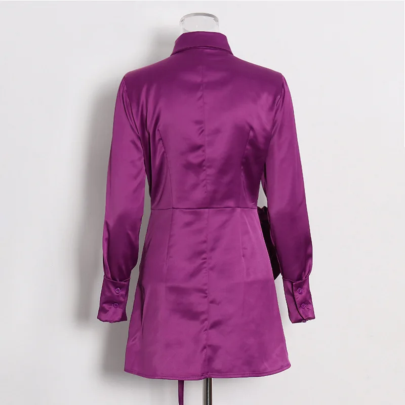 HKSH خريف جديد إمرأة فستان قصير بدوره إلى أسفل طوق كم طويل الخصر Cinching مطوي غير المتكافئة أنيقة فساتين عصرية HK9954