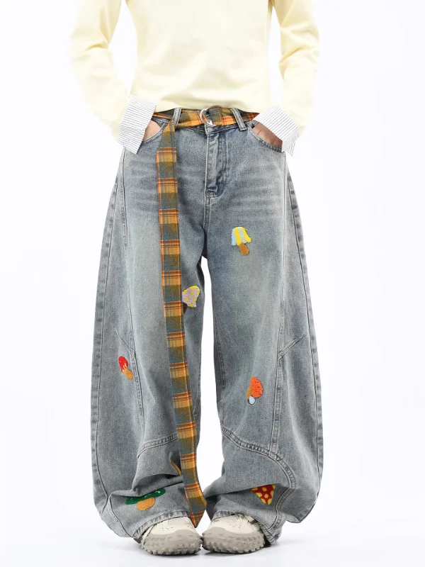Calças Jeans Americanas Retrô Bordadas com Desenhos Animados para Homens e Mulheres, Tendência de Outono, Soltas, de Perna Re...